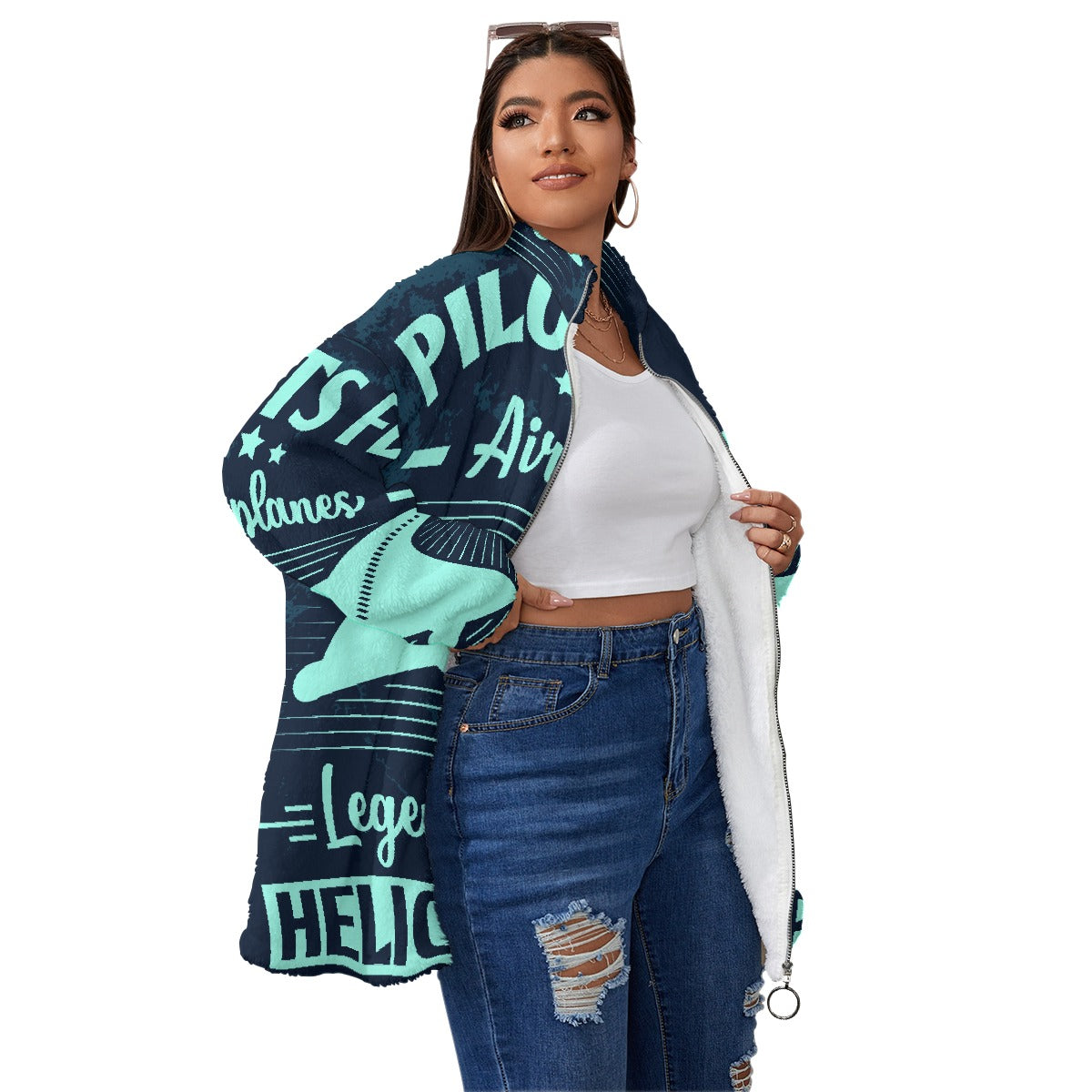 All-Over Print Unisex Borg Fleece Stand-up Collar Coat With Zipper Closure(Plus Size)