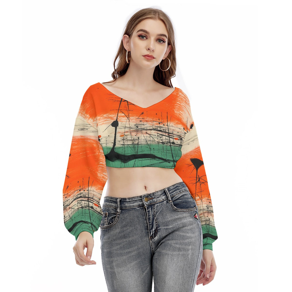 All-Over Print Women's V-neck Long Sleeve Cropped Sweatshirt
