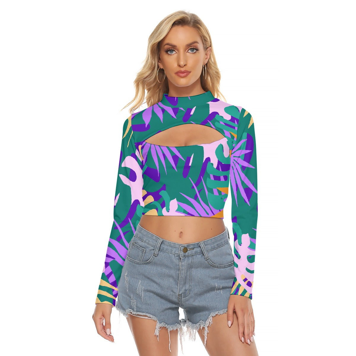 All-Over Print Women's Hollow Chest Keyhole Tight Crop Top