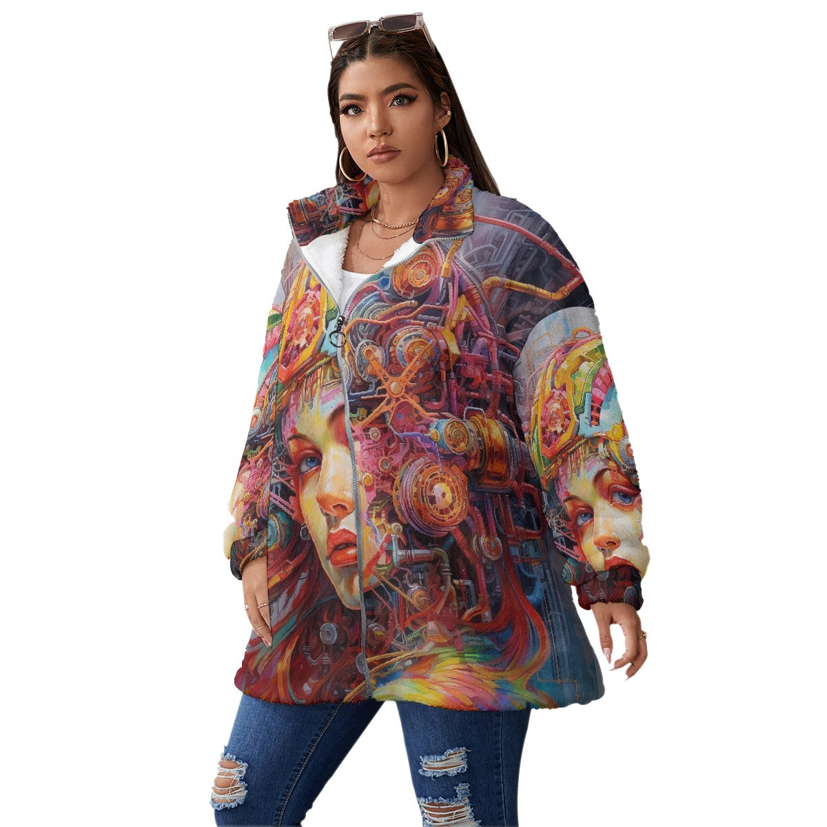 All-Over Print Unisex Borg Fleece Stand-up Collar Coat With Zipper Closure(Plus Size)