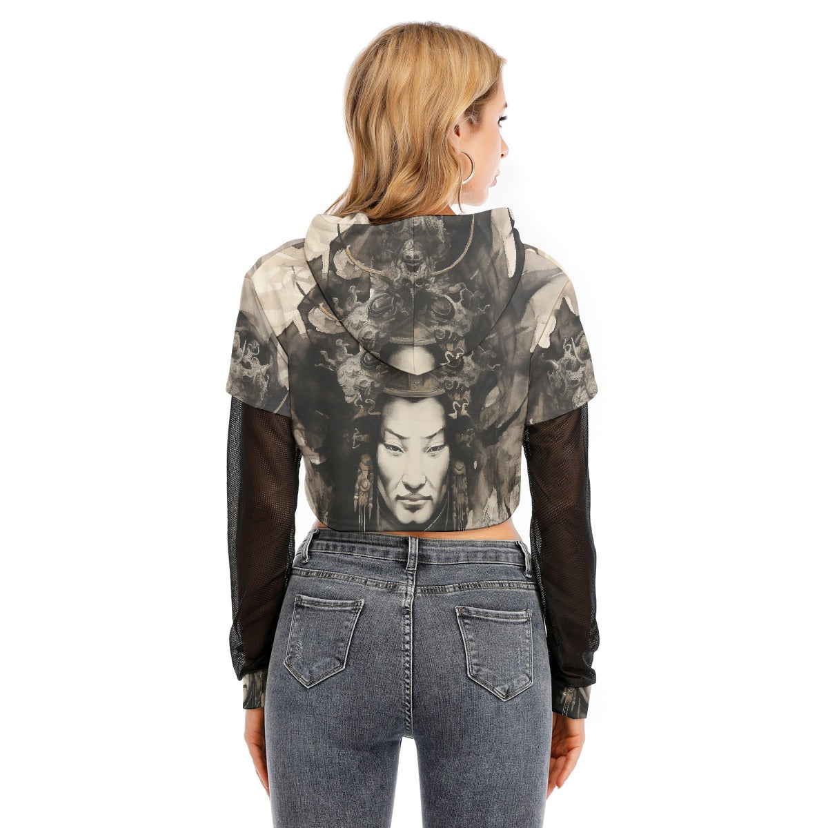 All-Over Print Women's Fake Two-piece Mesh Sleeve Cropped Hoodie