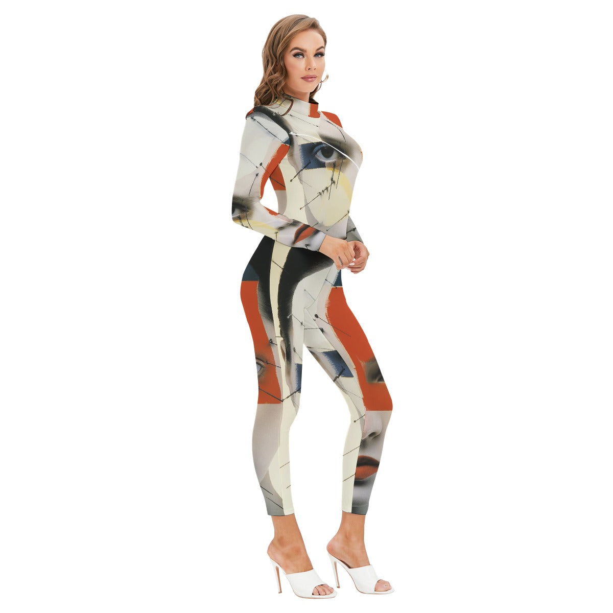All-Over Print Women's Long-sleeved High-neck Jumpsuit With Zipper