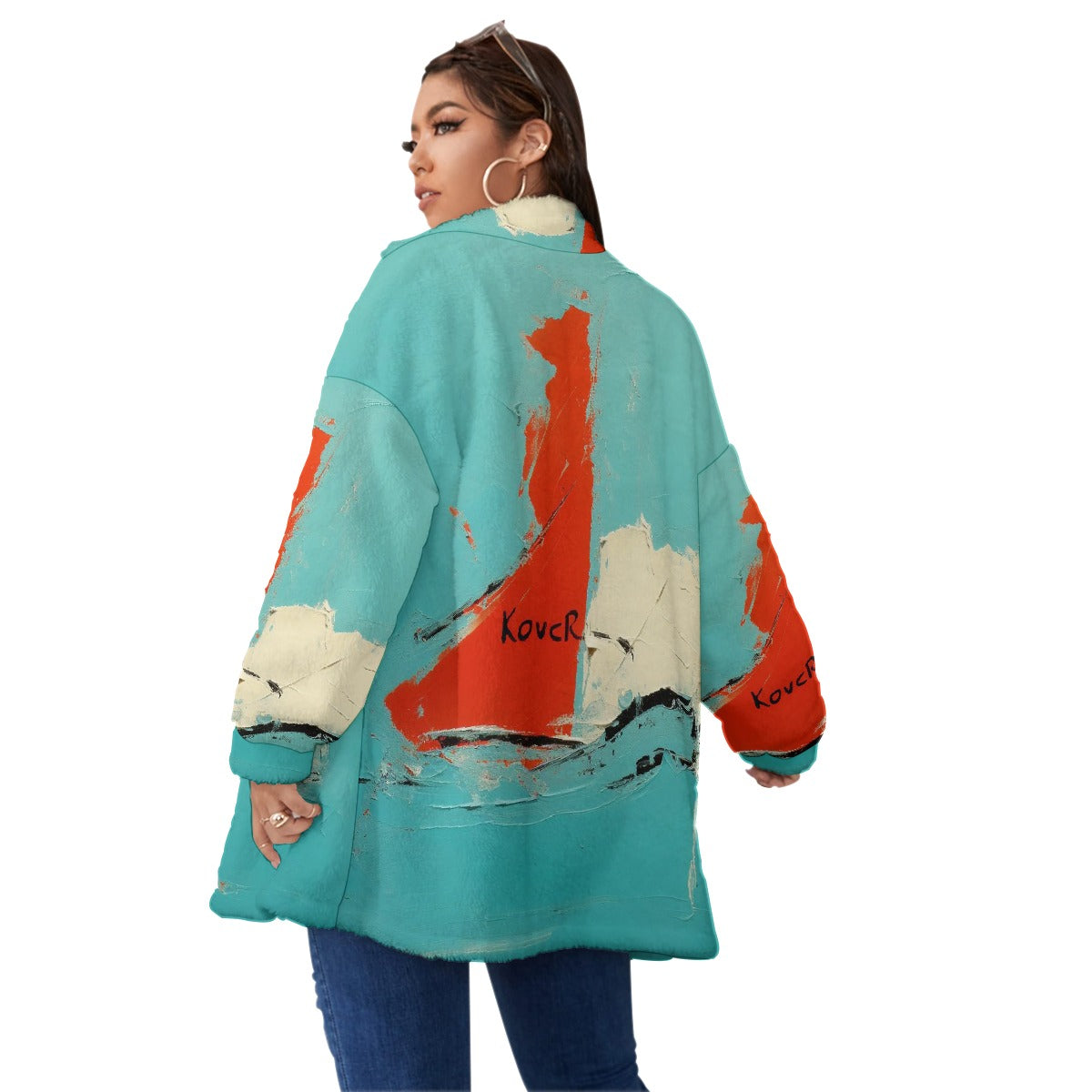 All-Over Print Unisex Borg Fleece Stand-up Collar Coat With Zipper Closure(Plus Size)