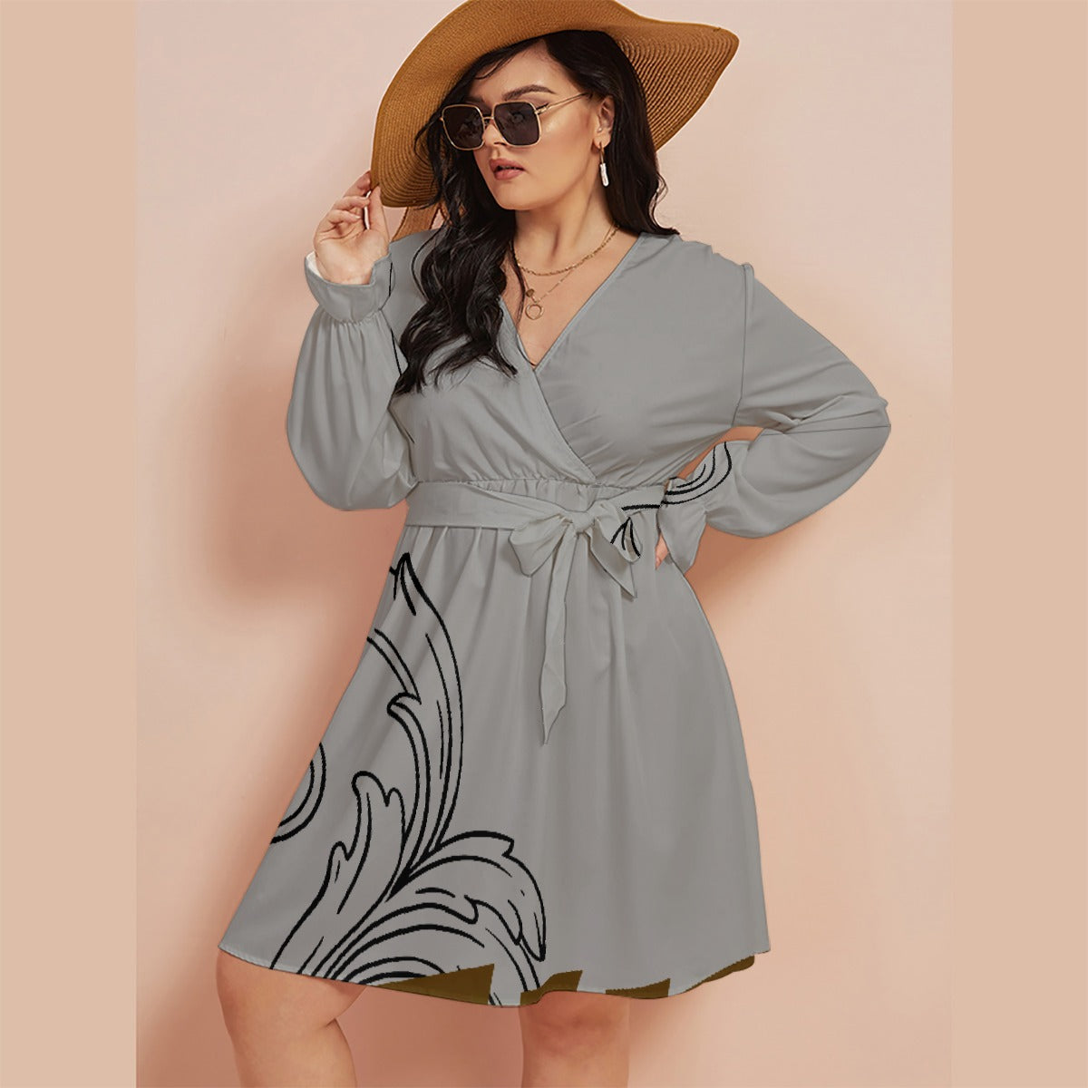 All-Over Print Women's V-neck Dress With Waistband(Plus Size)