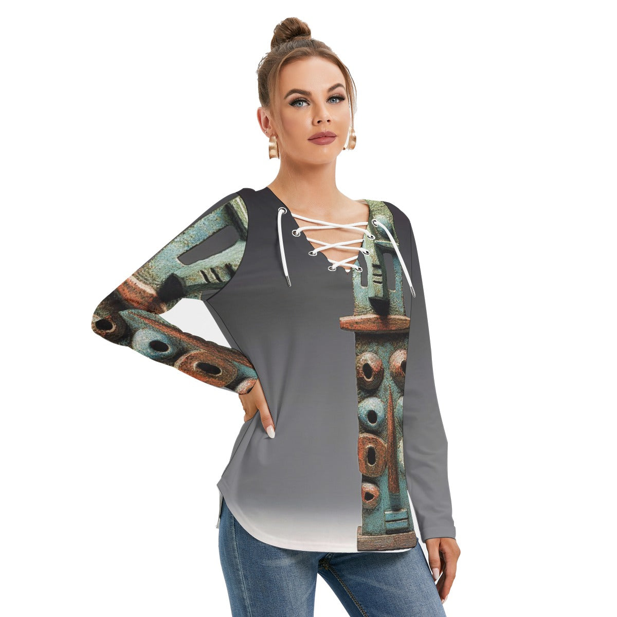 All-Over Print Women's Long Sleeve Neckline Tie Sweatshirt