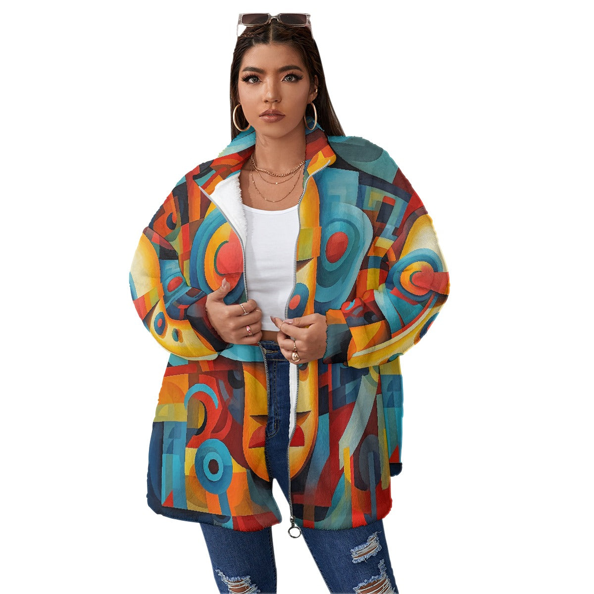 All-Over Print Unisex Borg Fleece Stand-up Collar Coat With Zipper Closure(Plus Size)
