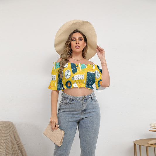 All-Over Print Women's Off-shoulder Cropped Top With Short Puff Sleeve