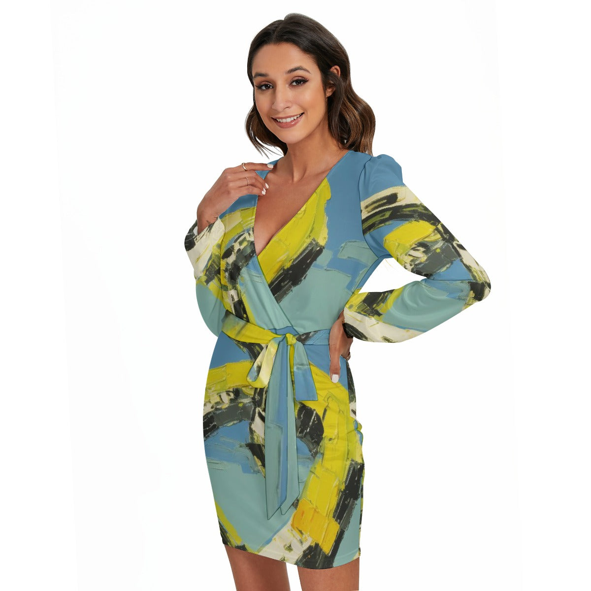 All-Over Print Women's Long Sleeve Dress With Waist Belt