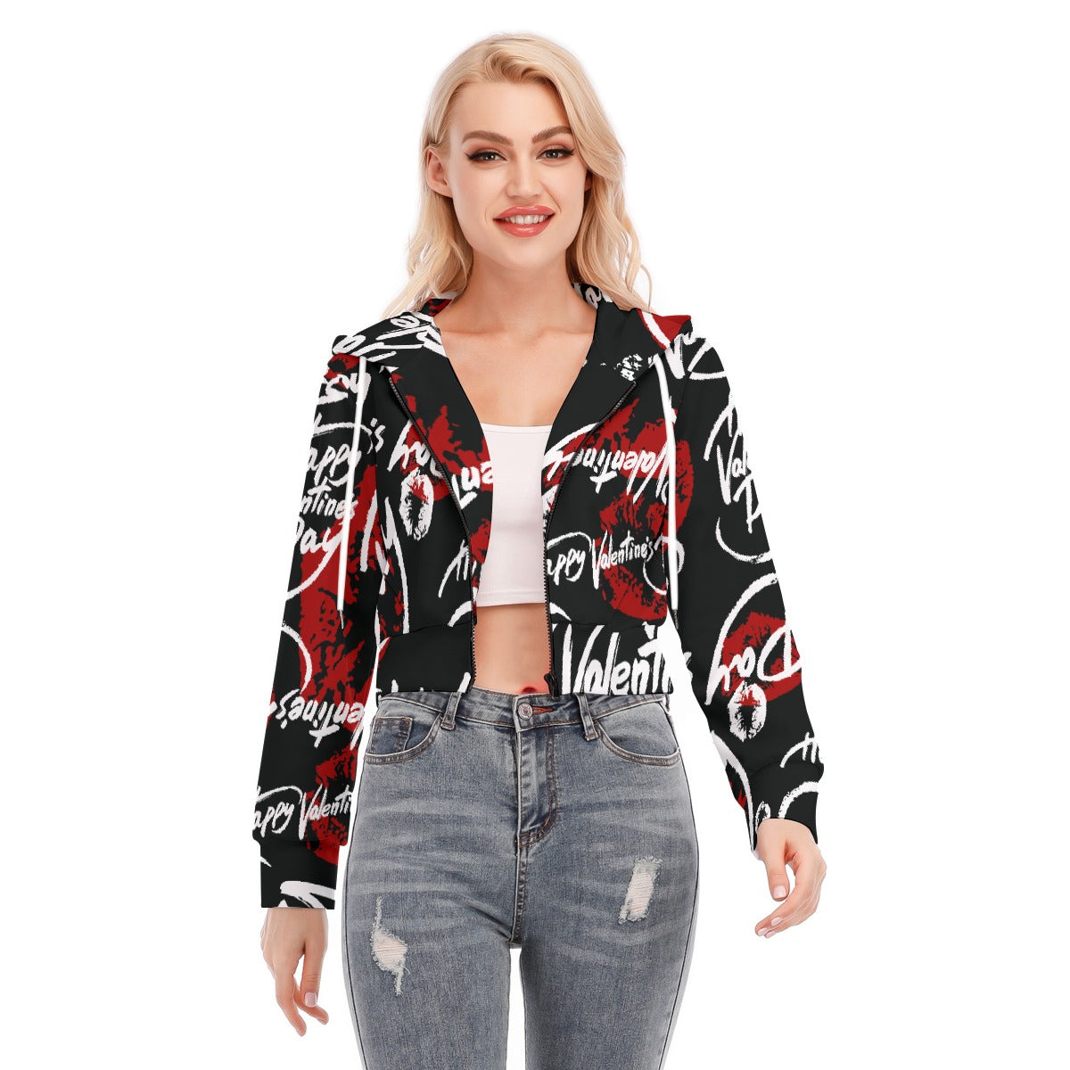 All-Over Print Women's Crop Top Hoodie With Zipper Closure