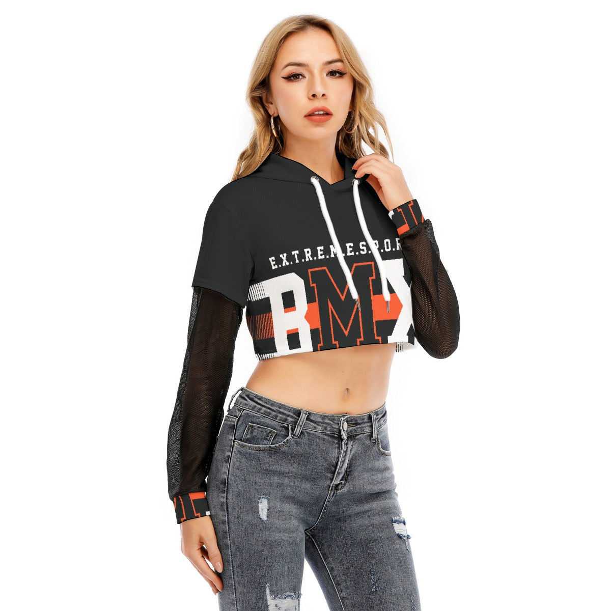 All-Over Print Women's Fake Two-piece Mesh Sleeve Cropped Hoodie