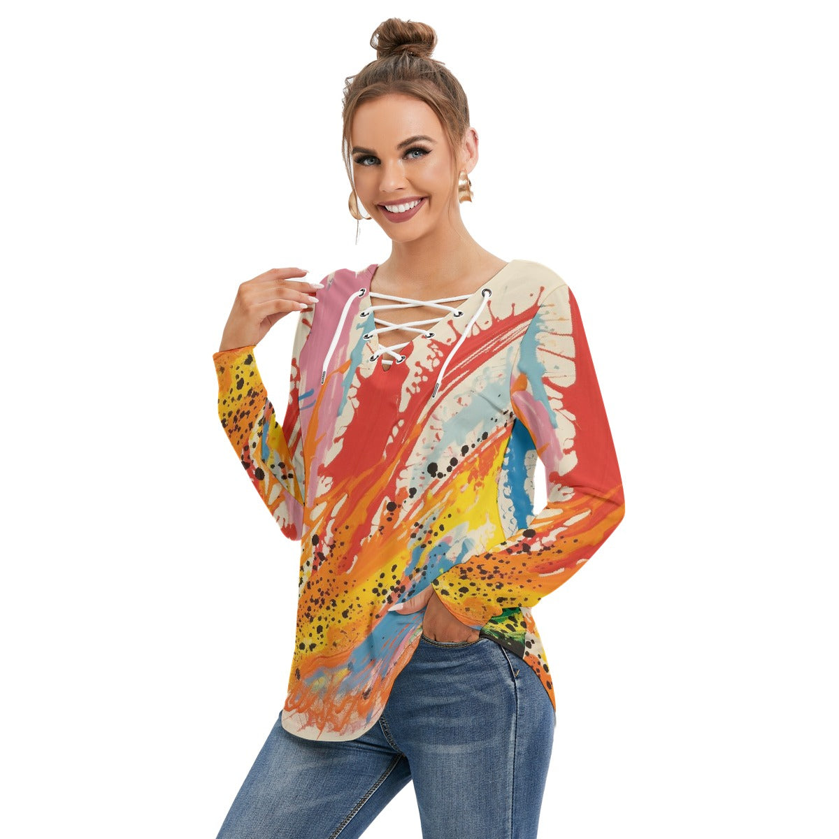 All-Over Print Women's Long Sleeve Neckline Tie Sweatshirt