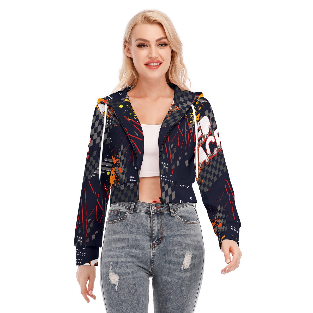 All-Over Print Women's Crop Top Hoodie With Zipper Closure