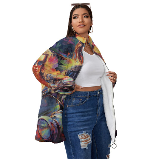 All-Over Print Unisex Borg Fleece Stand-up Collar Coat With Zipper Closure(Plus Size)