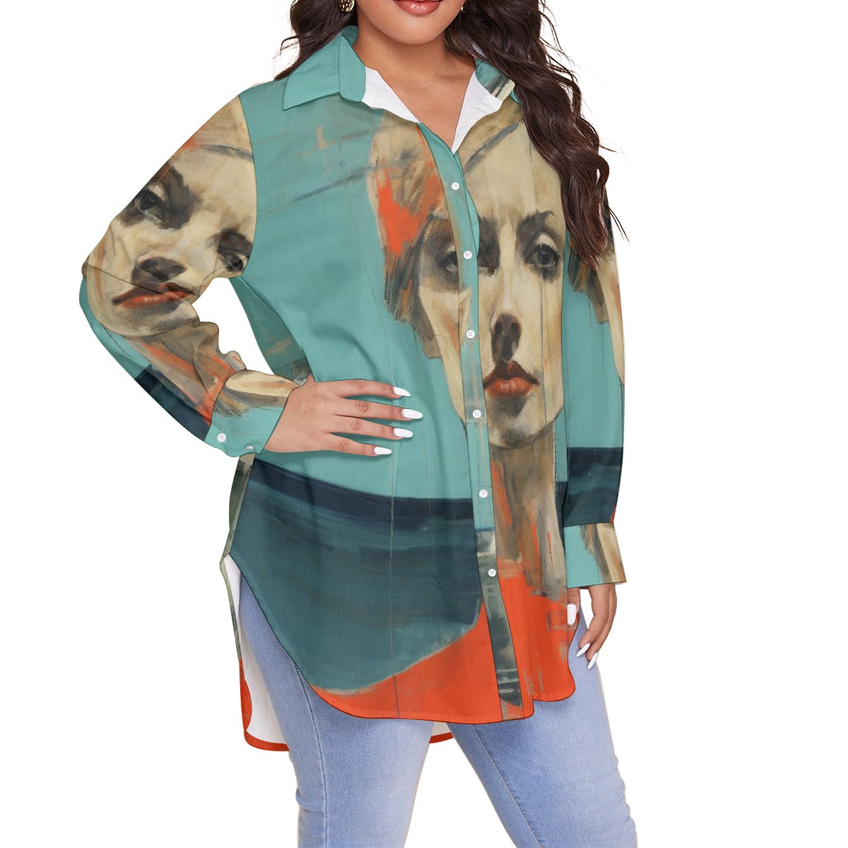 All-Over Print Women's Shirt With Long Sleeve(Plus Size)