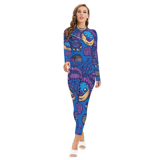 All-Over Print Women's Long-sleeved High-neck Jumpsuit With Zipper