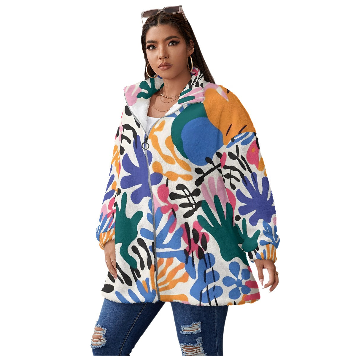 All-Over Print Unisex Borg Fleece Stand-up Collar Coat With Zipper Closure(Plus Size)