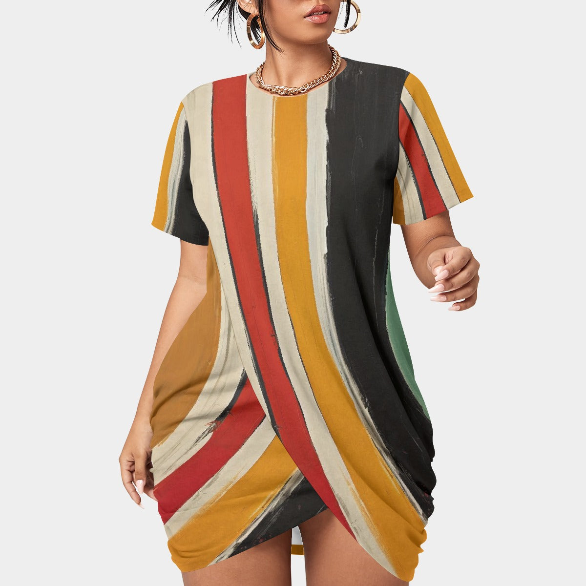 All-Over Print Women’s Stacked Hem Dress With Short Sleeve（Plus Size）