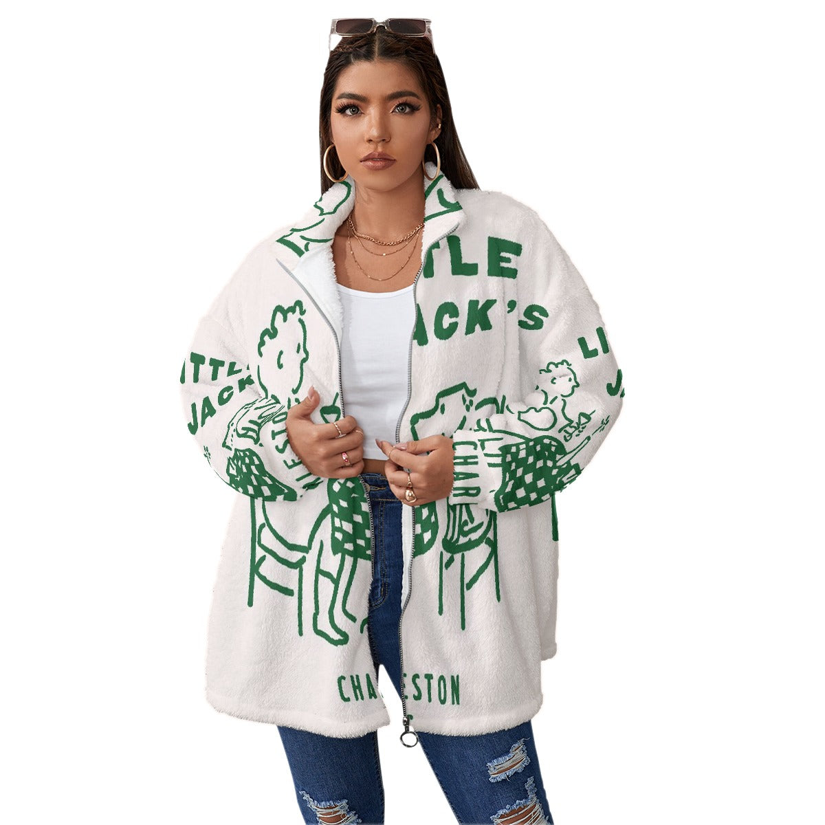 All-Over Print Unisex Borg Fleece Stand-up Collar Coat With Zipper Closure(Plus Size)