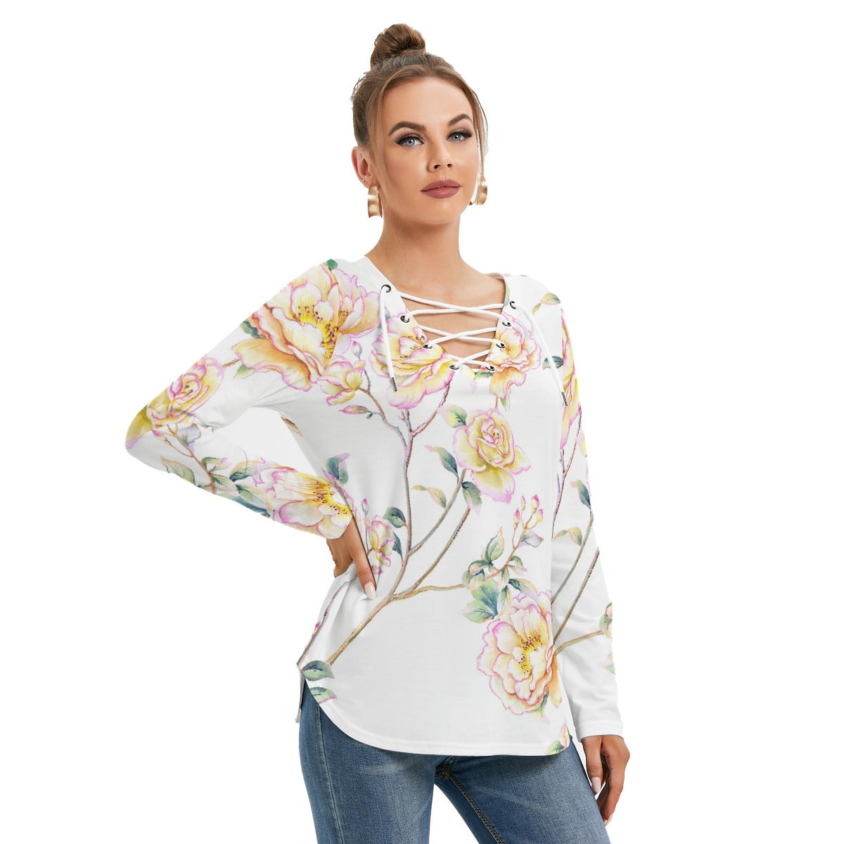 All-Over Print Women's Long Sleeve Neckline Tie Sweatshirt
