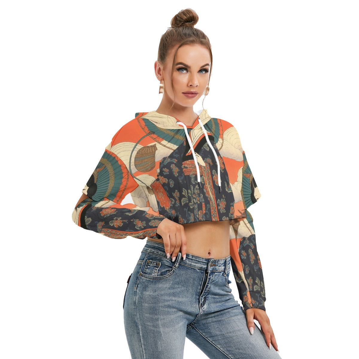 All-Over Print Women's Heavy Fleece Hoodie With Hollow Out Sleeve