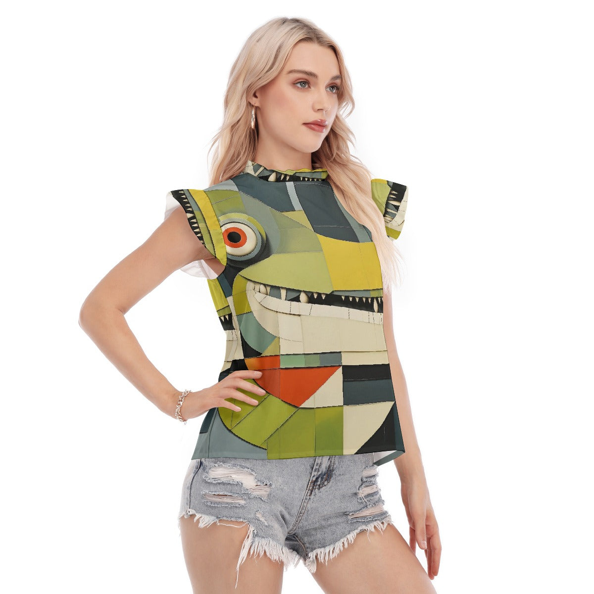 All-Over Print Women's Blouse With Ruffle Collar And Sleeve