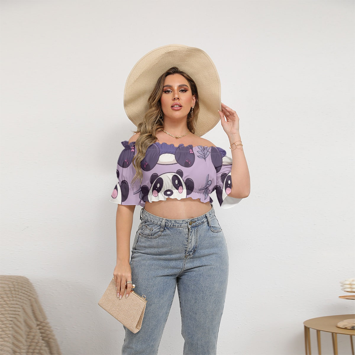 All-Over Print Women's Off-shoulder Cropped Top With Short Puff Sleeve
