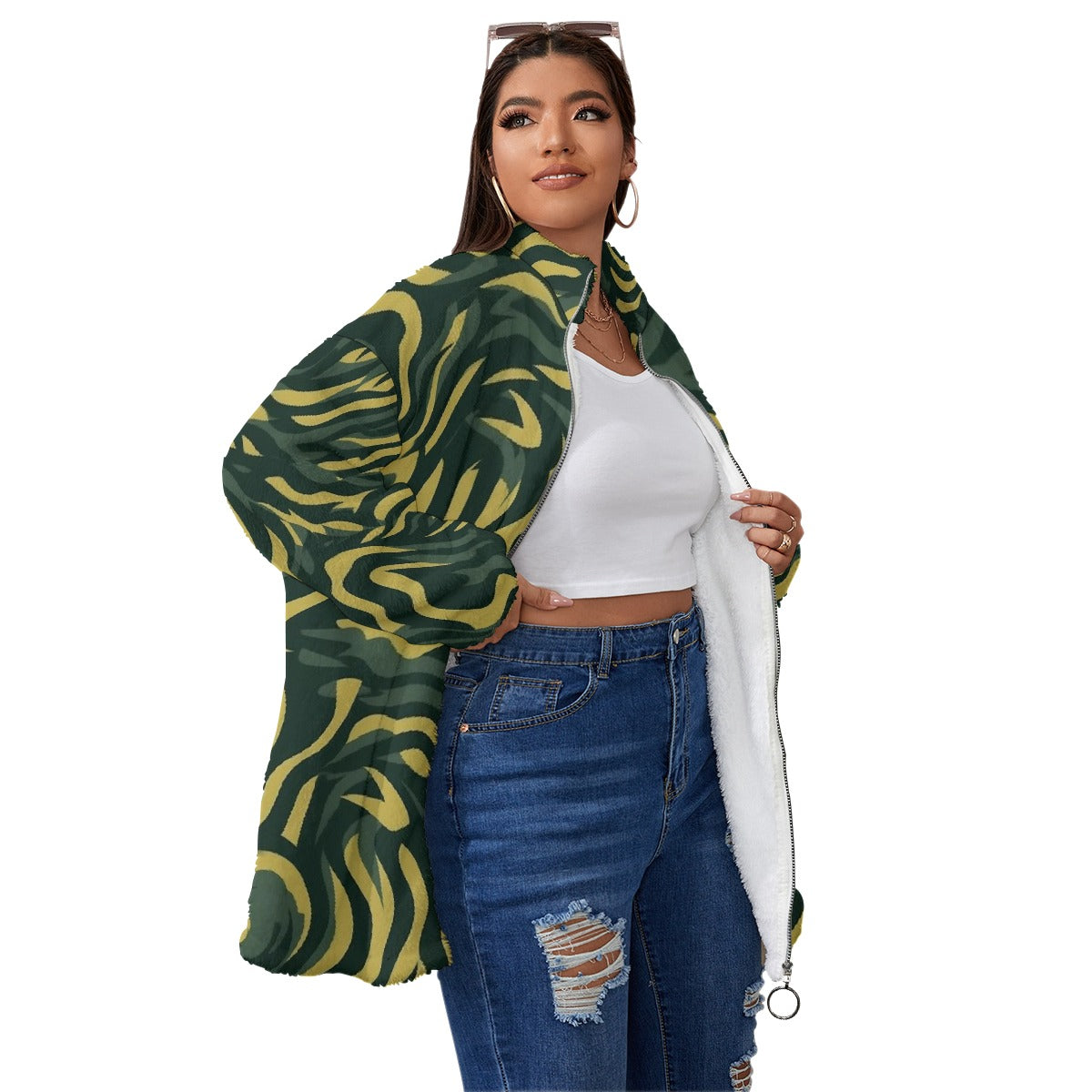 All-Over Print Unisex Borg Fleece Stand-up Collar Coat With Zipper Closure(Plus Size)