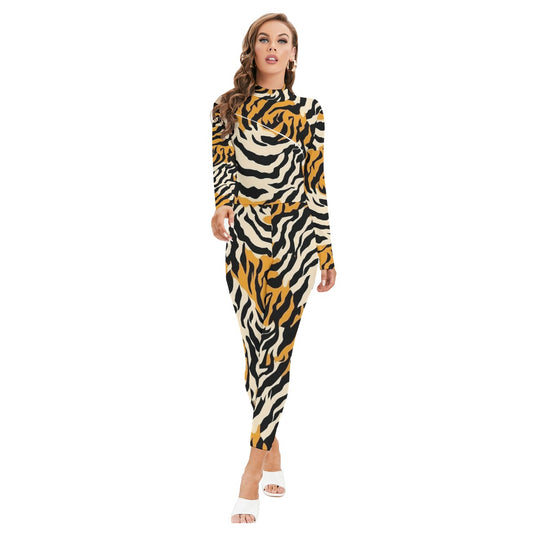 All-Over Print Women's Long-sleeved High-neck Jumpsuit With Zipper