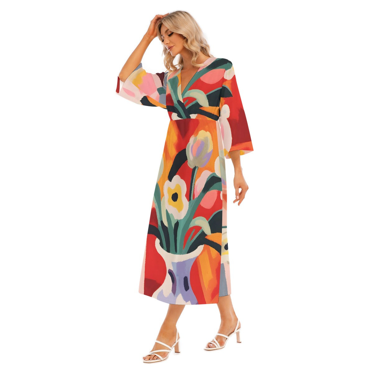 All-Over Print Women's Mid-Sleeve Long Dress