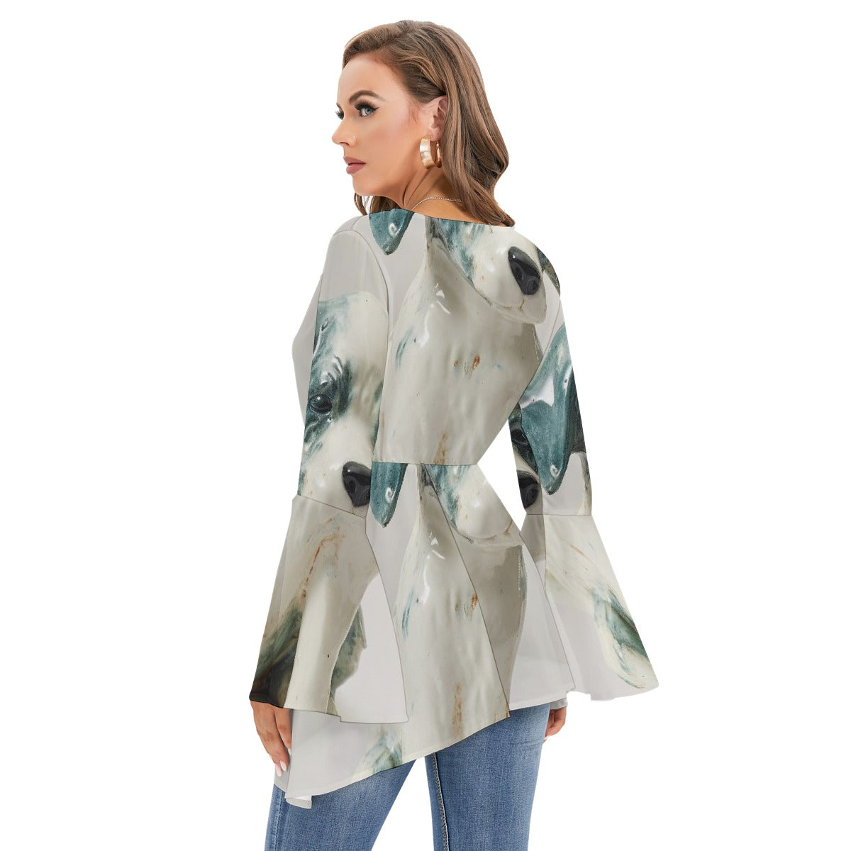 All-Over Print Women's V-neck Blouse With Flared Sleeves