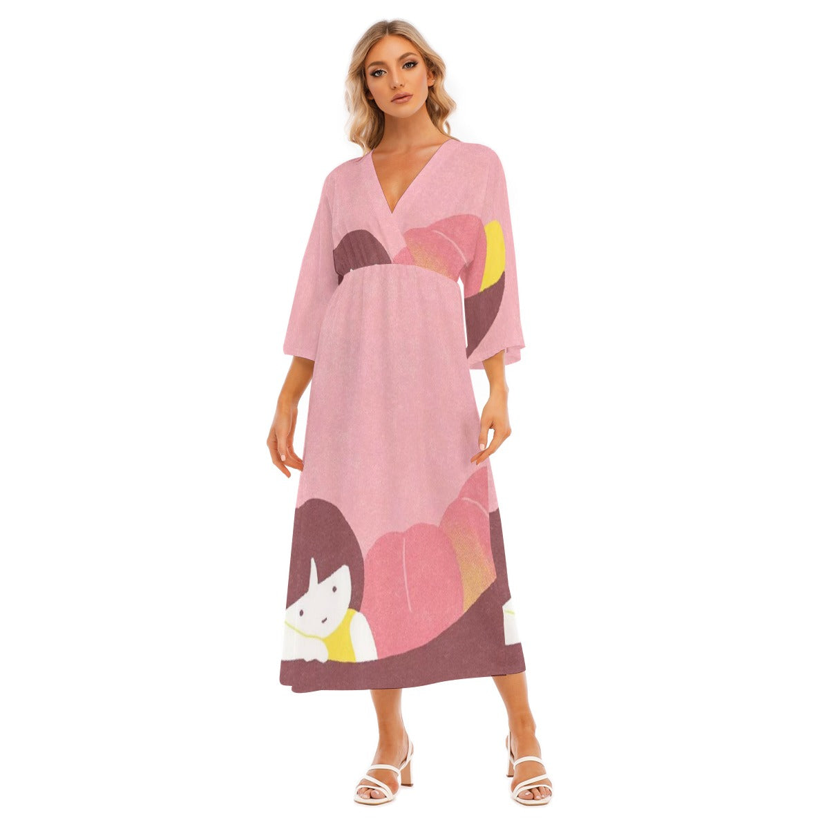 All-Over Print Women's Mid-Sleeve Long Dress