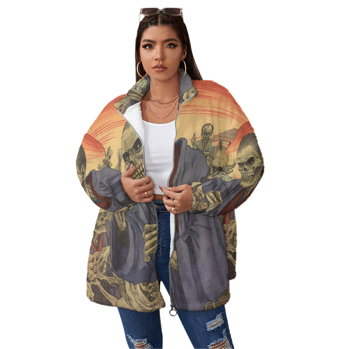 All-Over Print Unisex Borg Fleece Stand-up Collar Coat With Zipper Closure(Plus Size)