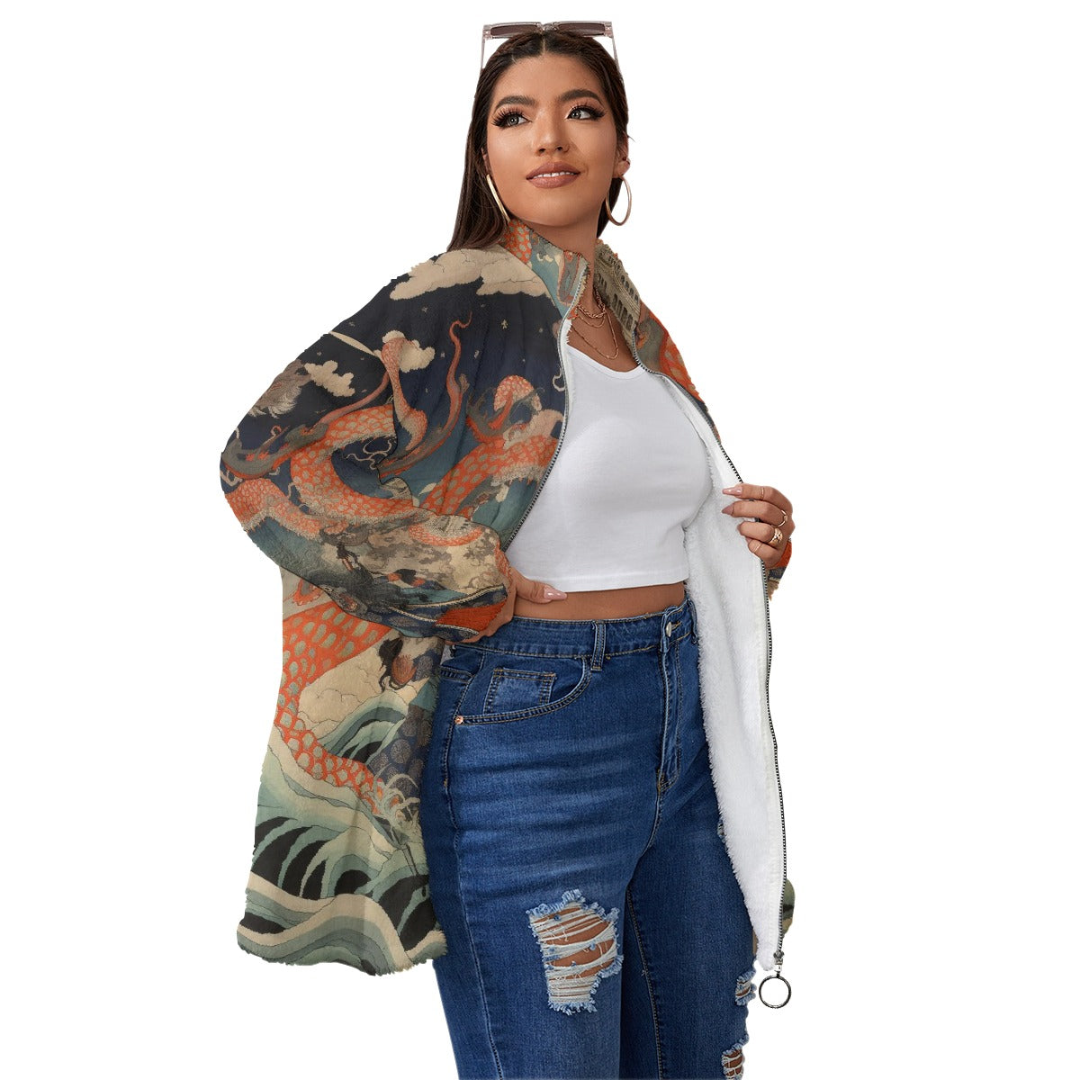 All-Over Print Unisex Borg Fleece Stand-up Collar Coat With Zipper Closure(Plus Size)