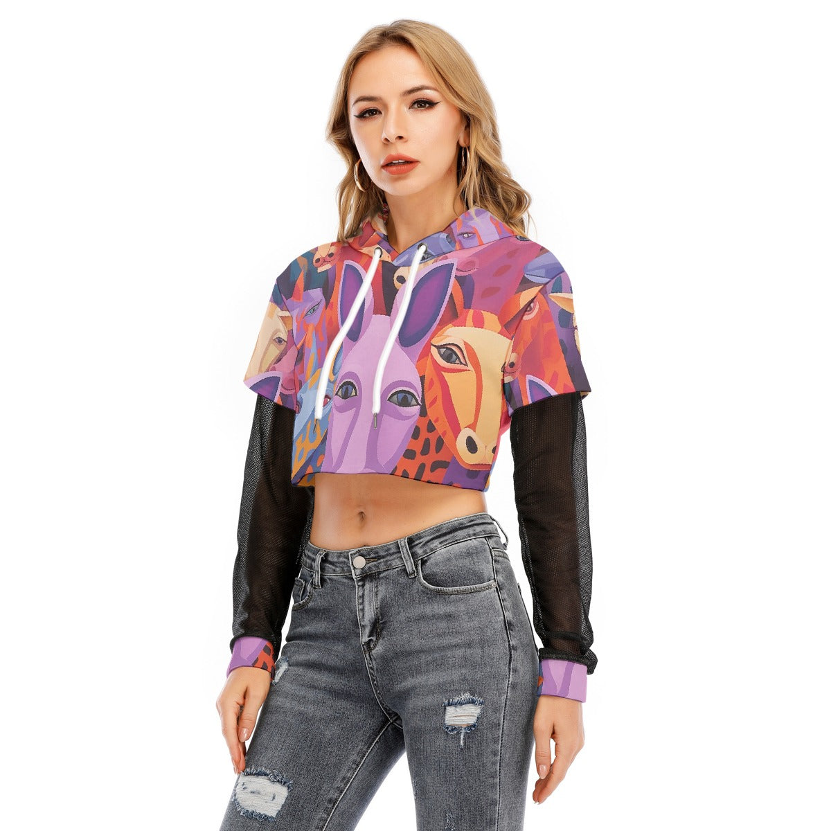All-Over Print Women's Fake Two-piece Mesh Sleeve Cropped Hoodie