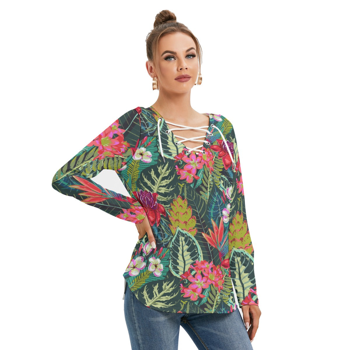 All-Over Print Women's Long Sleeve Neckline Tie Sweatshirt