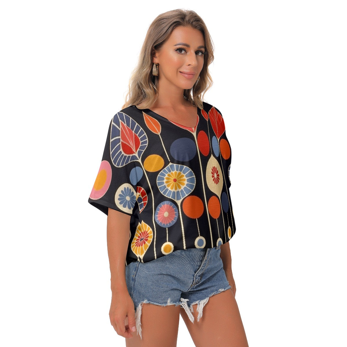 All-Over Print Women's Bat Sleeves V-Neck Blouse