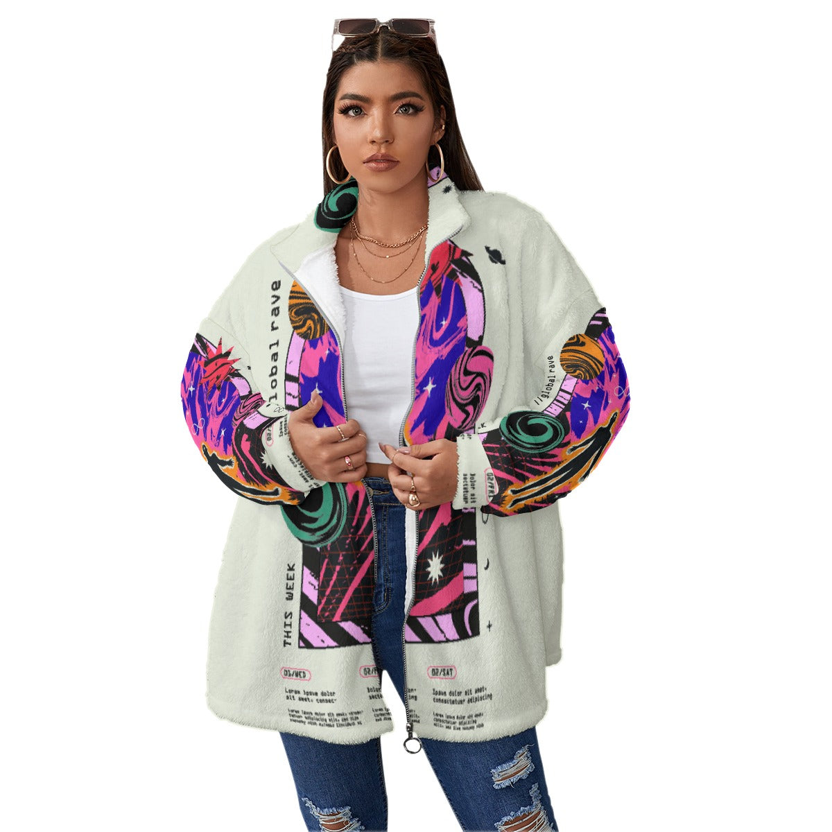 All-Over Print Unisex Borg Fleece Stand-up Collar Coat With Zipper Closure(Plus Size)