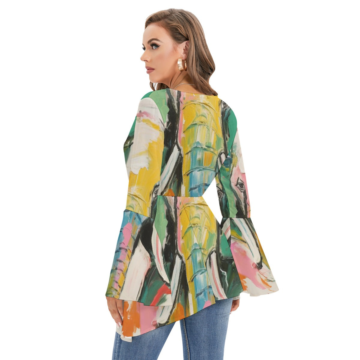 All-Over Print Women's V-neck Blouse With Flared Sleeves
