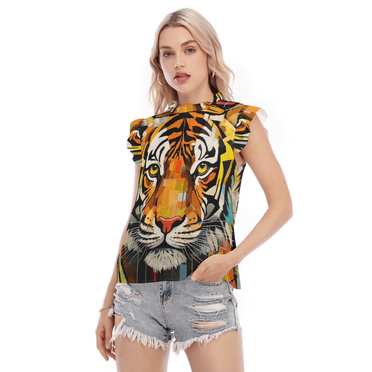 All-Over Print Women's Blouse With Ruffle Collar And Sleeve