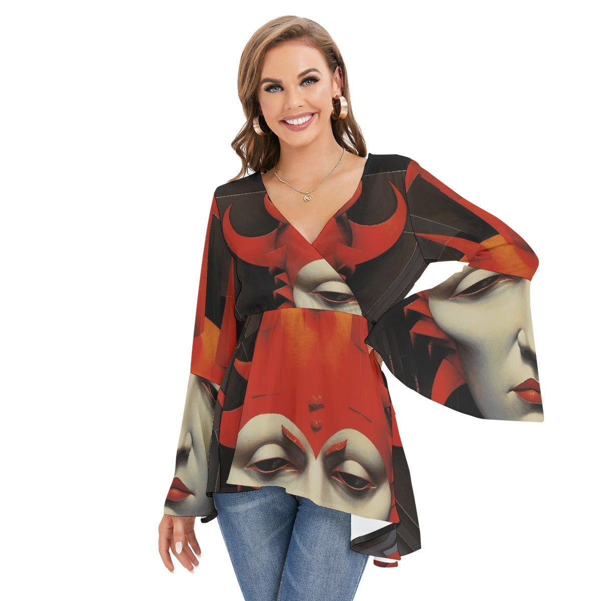 All-Over Print Women's V-neck Blouse With Flared Sleeves