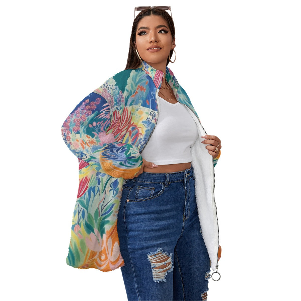 All-Over Print Unisex Borg Fleece Stand-up Collar Coat With Zipper Closure(Plus Size)