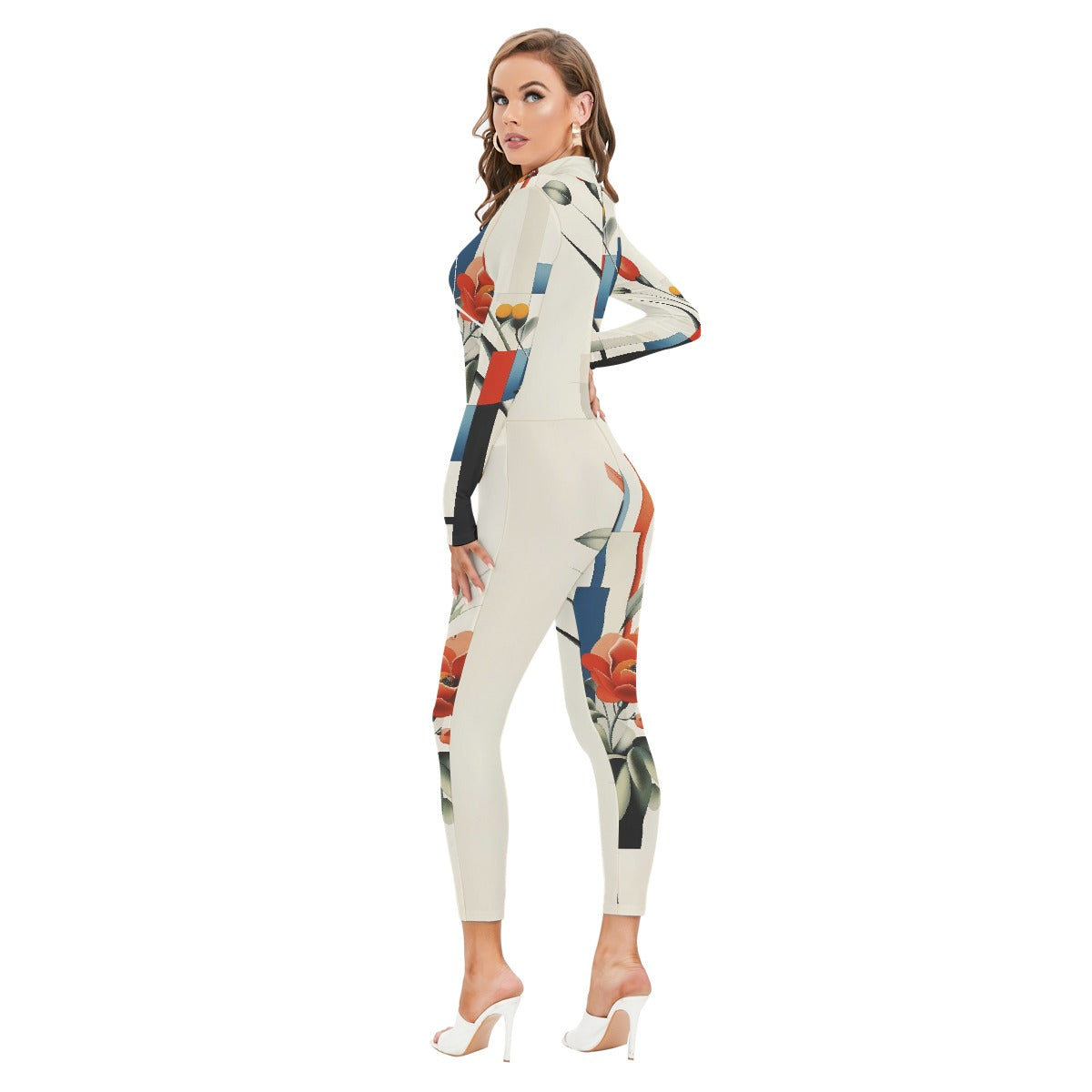 All-Over Print Women's Long-sleeved High-neck Jumpsuit With Zipper