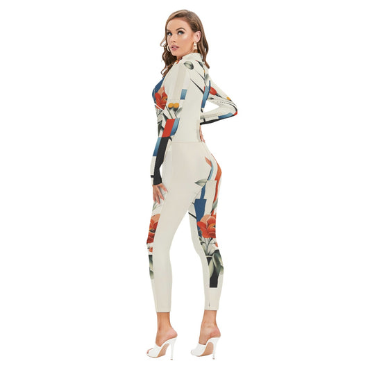 All-Over Print Women's Long-sleeved High-neck Jumpsuit With Zipper