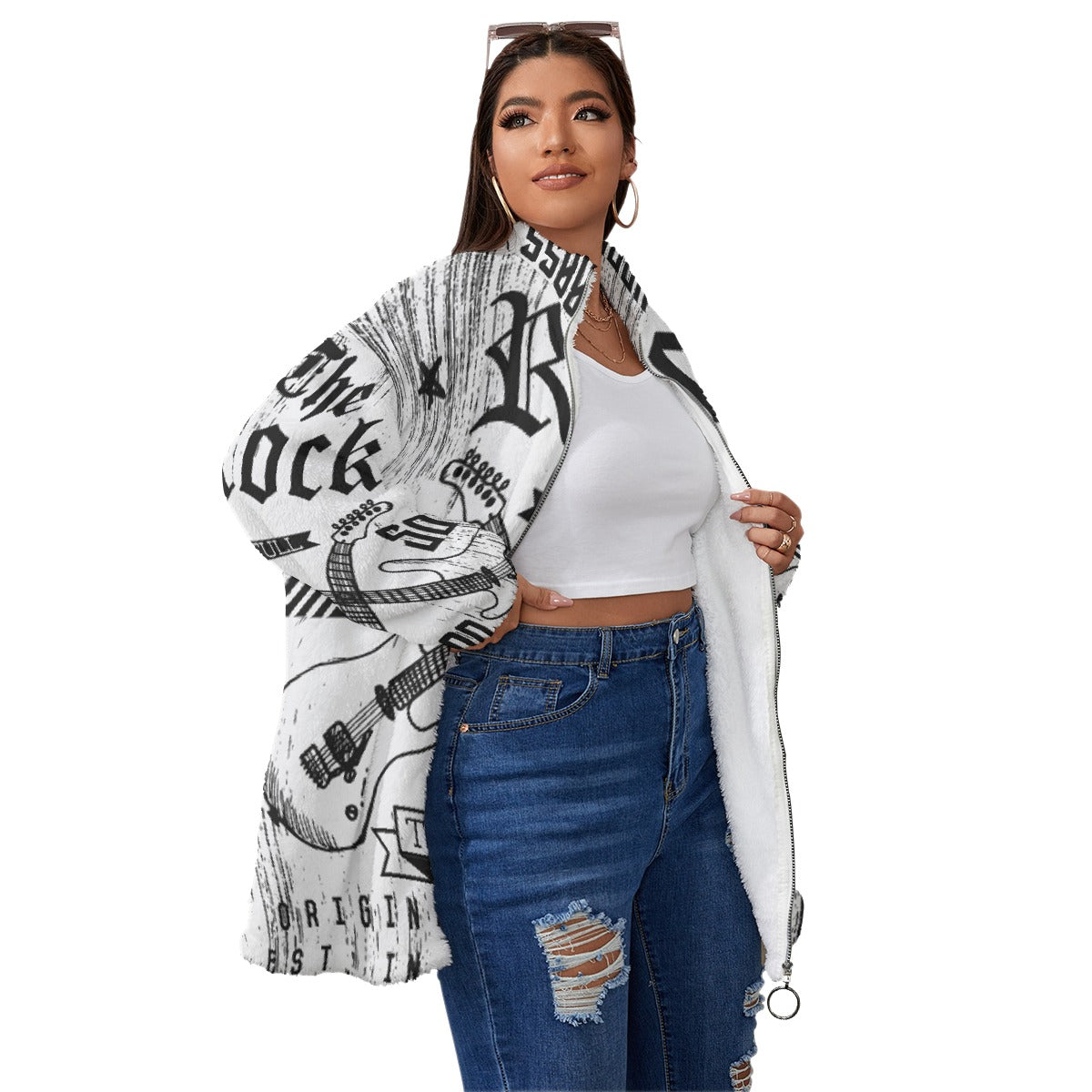 All-Over Print Unisex Borg Fleece Stand-up Collar Coat With Zipper Closure(Plus Size)