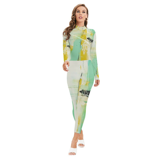 All-Over Print Women's Long-sleeved High-neck Jumpsuit With Zipper