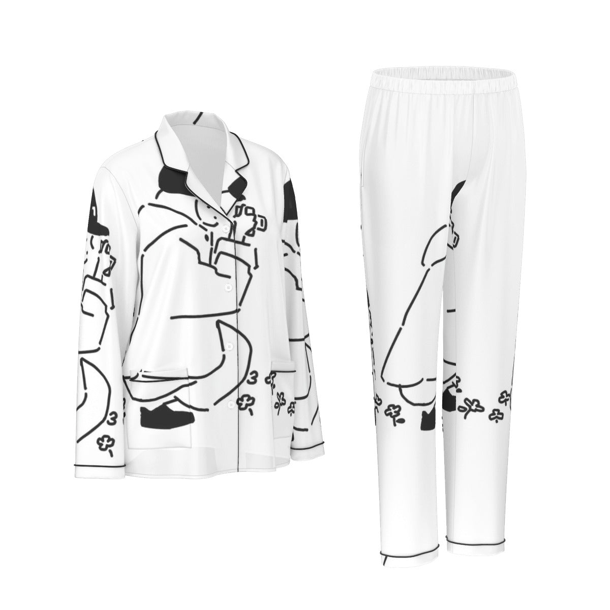 All-Over Print Women's Long Sleeve Pajama Set With Black Contrast Piping