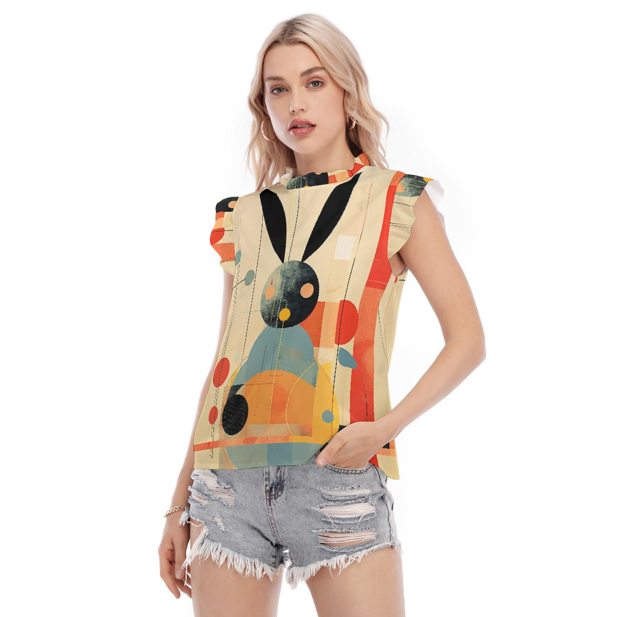 All-Over Print Women's Blouse With Ruffle Collar And Sleeve