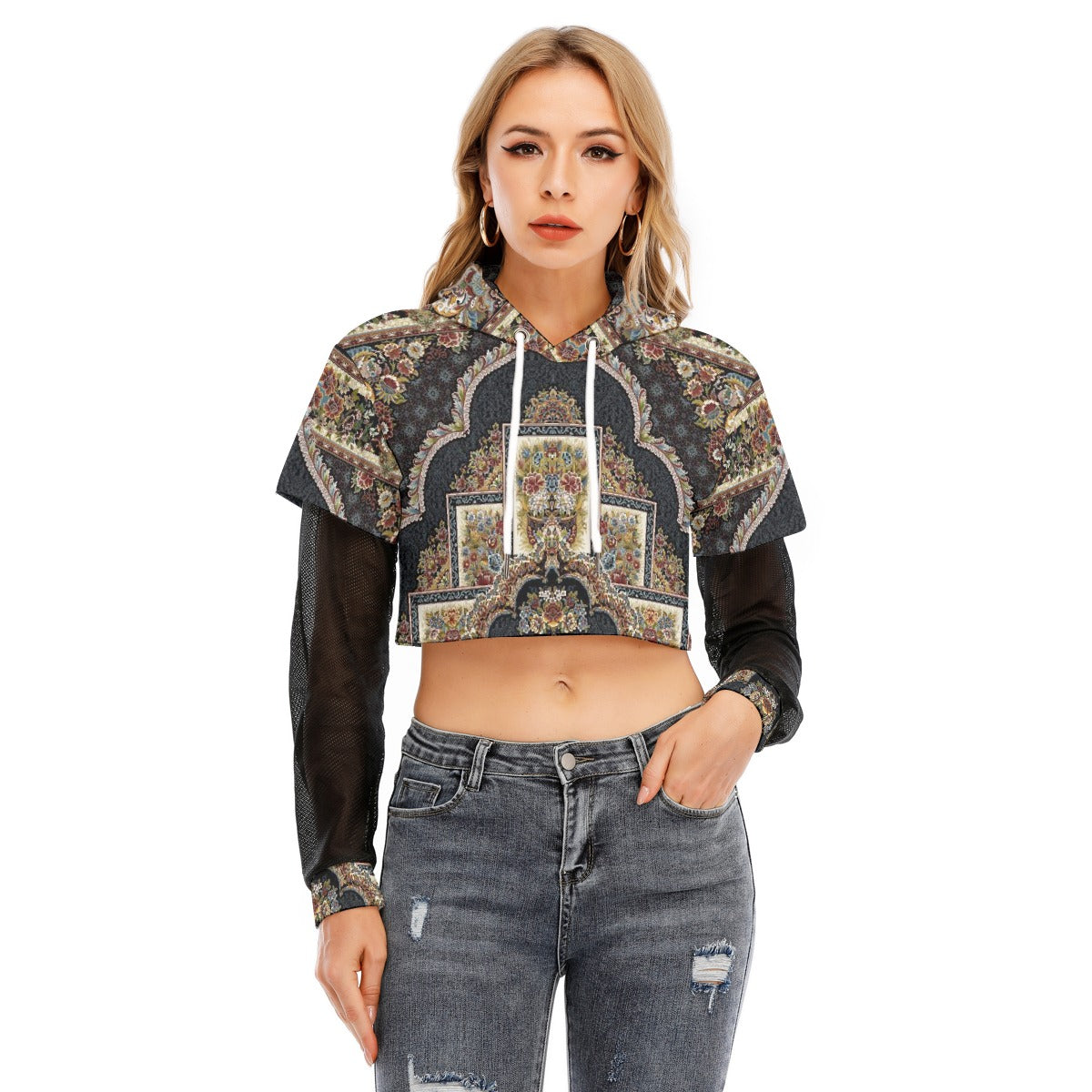 All-Over Print Women's Fake Two-piece Mesh Sleeve Cropped Hoodie