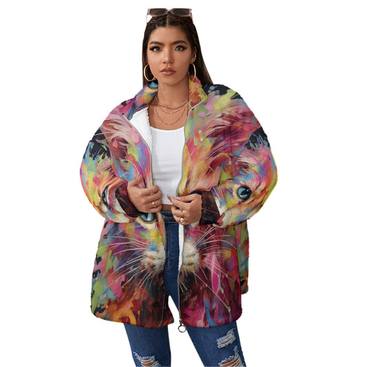 All-Over Print Unisex Borg Fleece Stand-up Collar Coat With Zipper Closure(Plus Size)