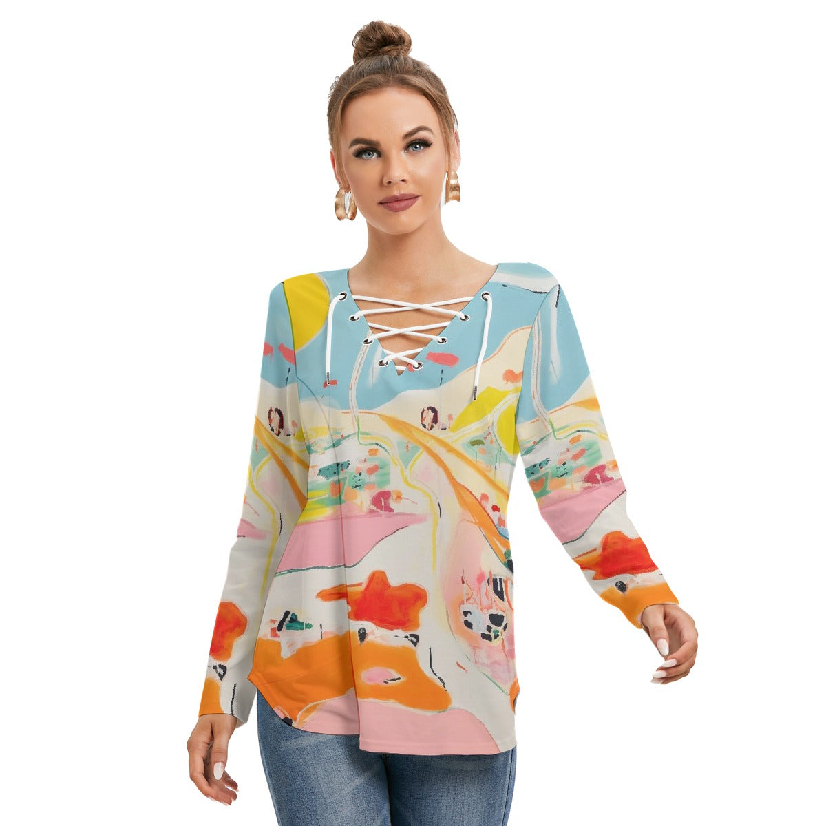 All-Over Print Women's Long Sleeve Neckline Tie Sweatshirt